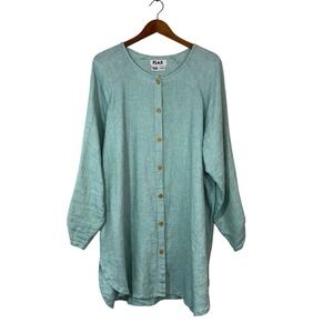 Flax Heathered Green Button Down Ruched Cuff Linen Tunic Sz L Lagenlook Artsy